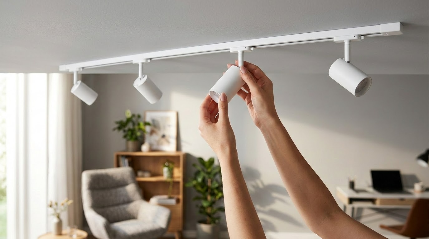 High-end editorial 16:9 hero photograph of a modern and versatile interior, such as a living room or home office. A 2-meter white electrified lighting track is mounted on the ceiling. The shot is captured with a 35mm lens, featuring a shallow depth of field with sharp focus on the white track and its spots. Soft natural daylight fills the room alongside professional interior lighting. A pair of hands or arms are visible interacting with the spots to adjust their direction, emphasizing versatility. No faces are visible. High-quality, realistic, and clean aesthetic with no text or logos.